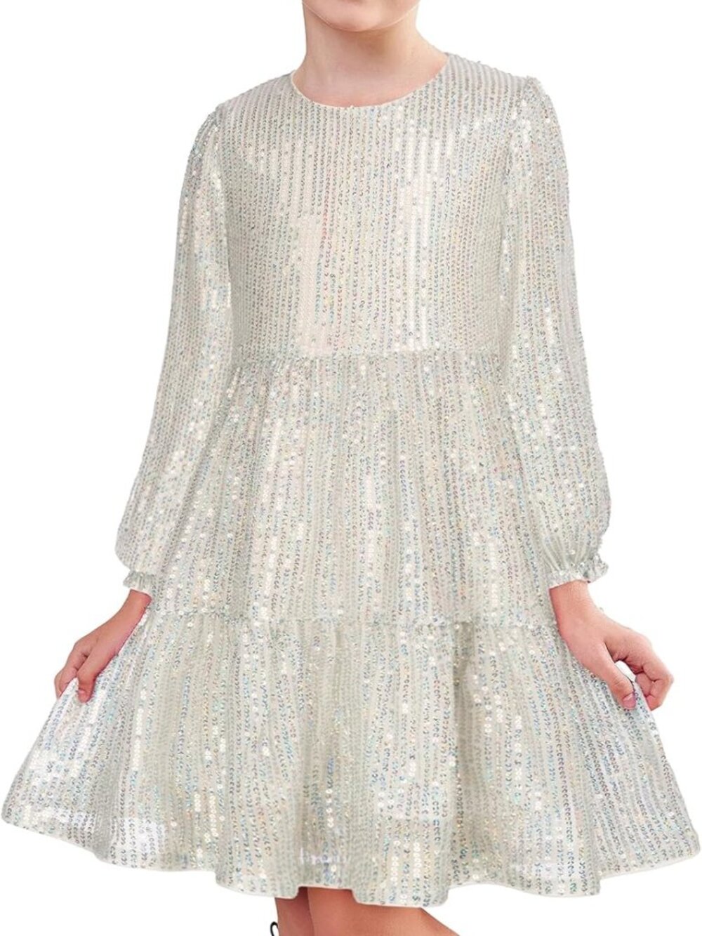 Grace Karin Girls Size 12 Silver Sequined Long Sleeve Dress NWOT